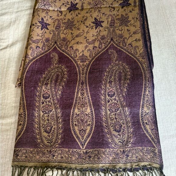 Challis Oversized Wrap in Brown & Purple with Hand Knotted Fringe. - Picture 1 of 4